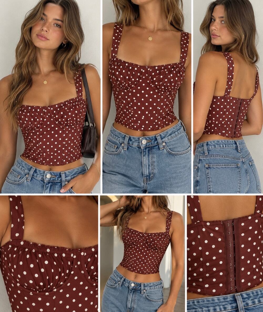 Brown Polka Dot Corset Bustier Top – Size Small